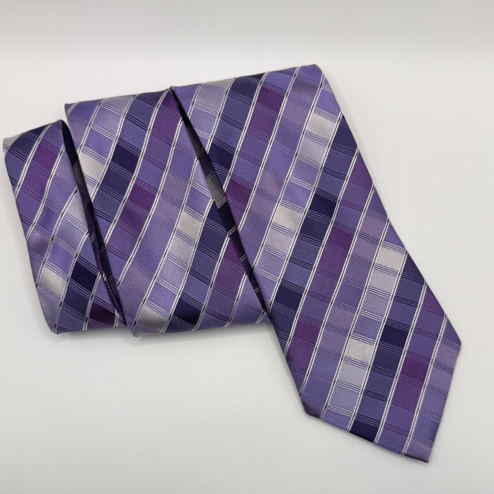 Kenneth Cole Reaction Silk Tie OS Purple Plaid Striped Geometric Business Modern - Picture 2 of 7